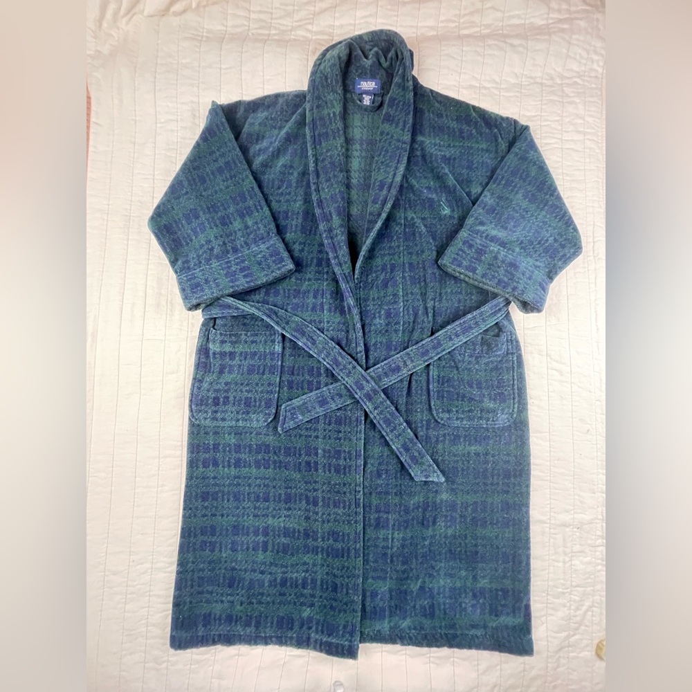 Nautica Green & Blue Shawl Collar Thick Cotton Terry Robe